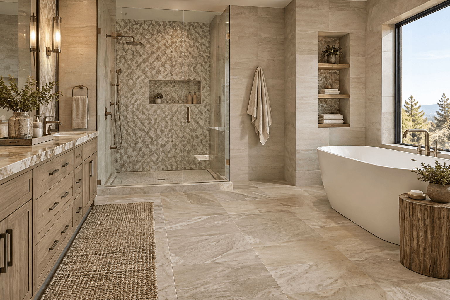 Luxury master bathroom mixing large-format, medium, and patterned tiles in a cohesive design