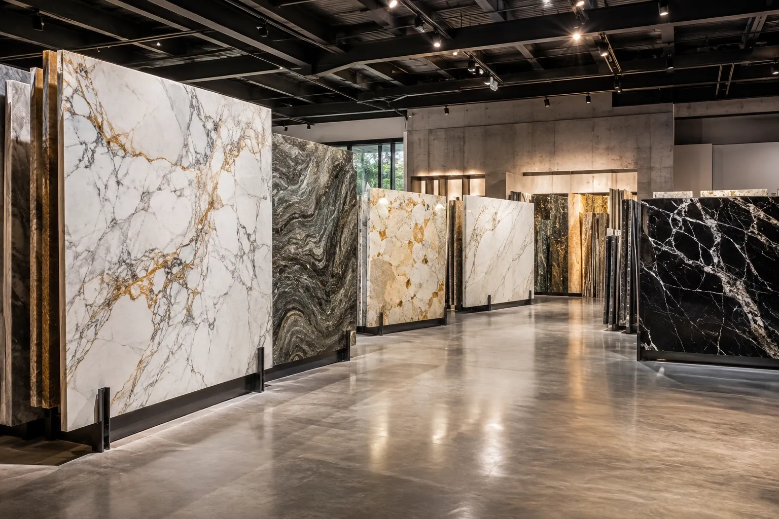 Premium natural stone slabs displayed in a luxury showroom