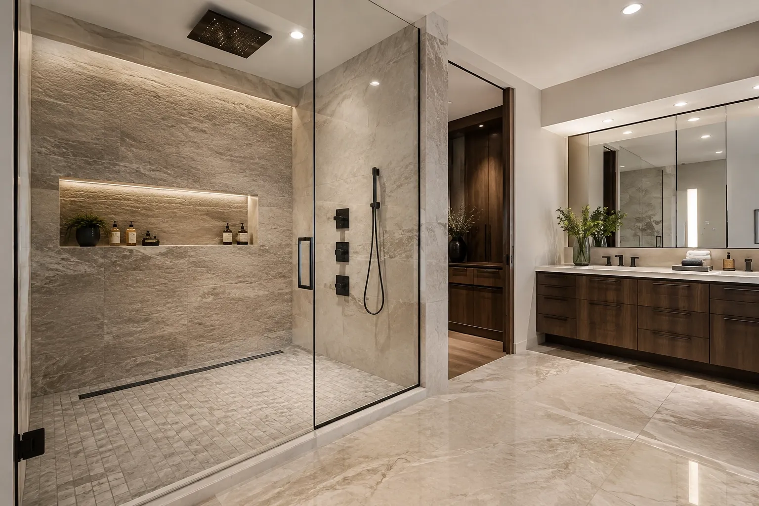 Luxury custom shower with premium tile and professional waterproofing details