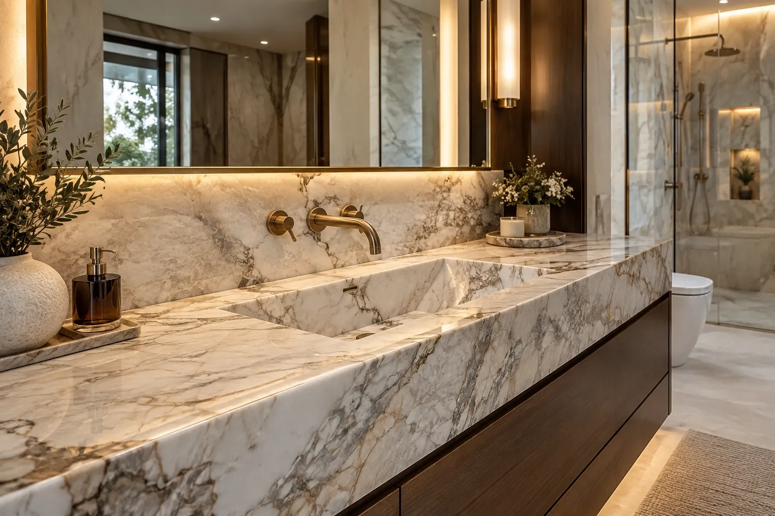 Luxury bathroom with an integrated natural stone sink and seamless marble vanity