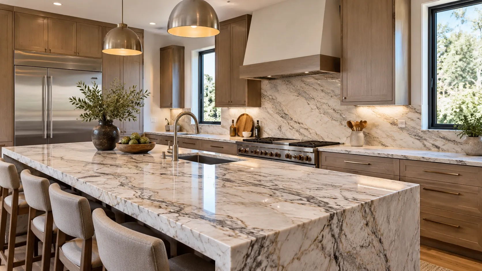 Modern kitchen featuring natural stone countertops and a large stone island.