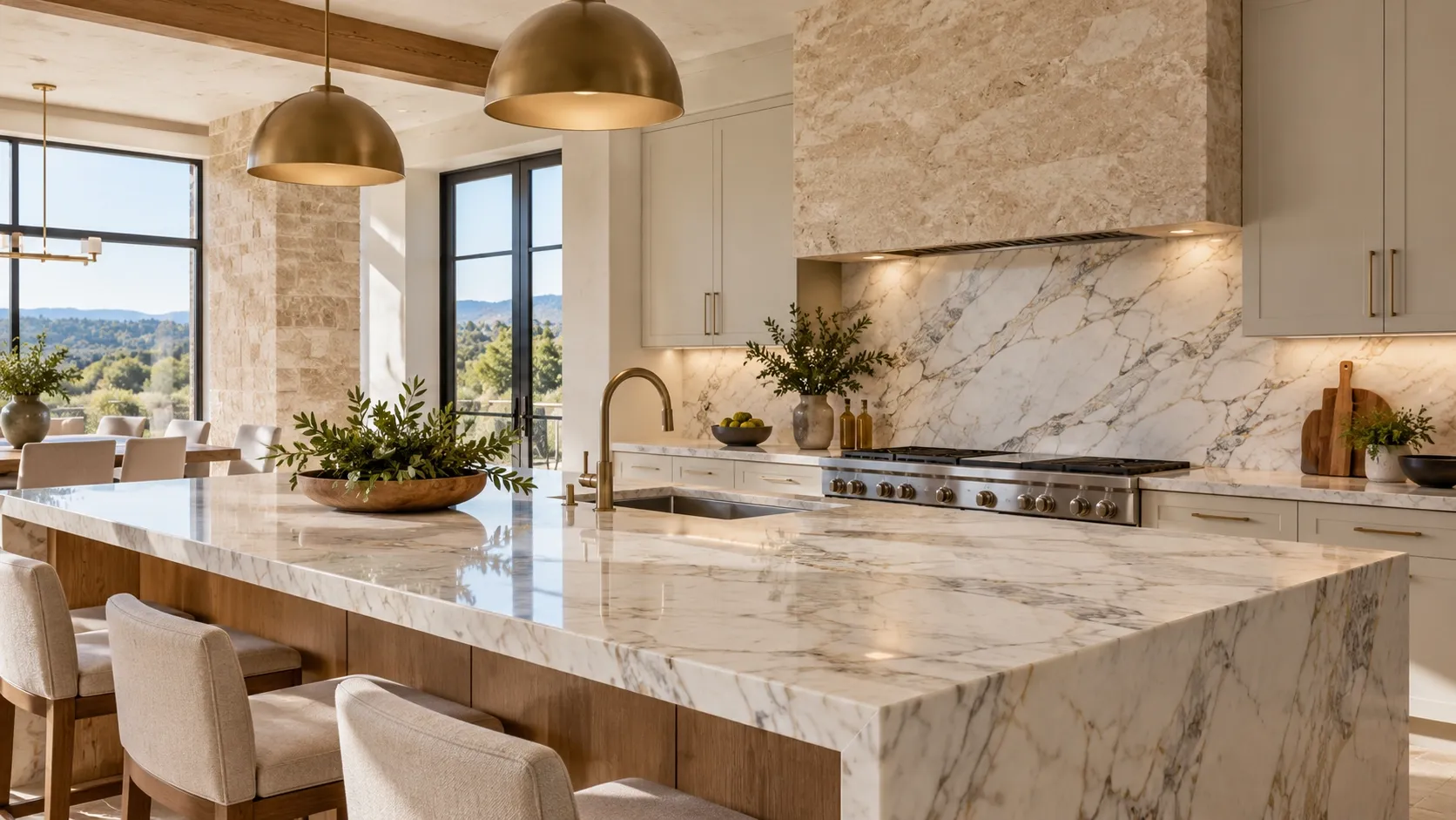 Well-maintained natural stone countertops and backsplash in a modern kitchen.