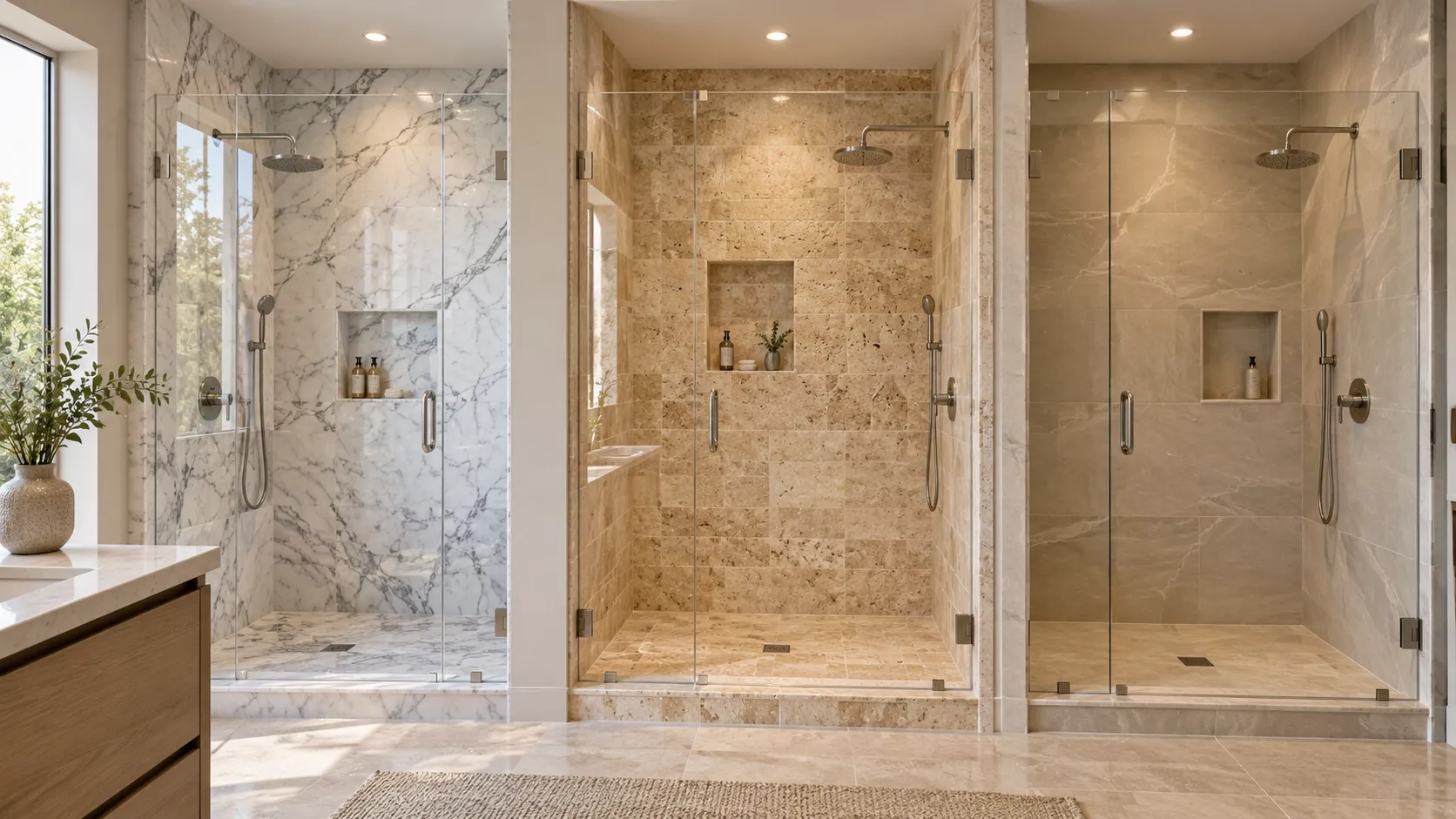 Marble, travertine, and porcelain shower walls in a modern bathroom